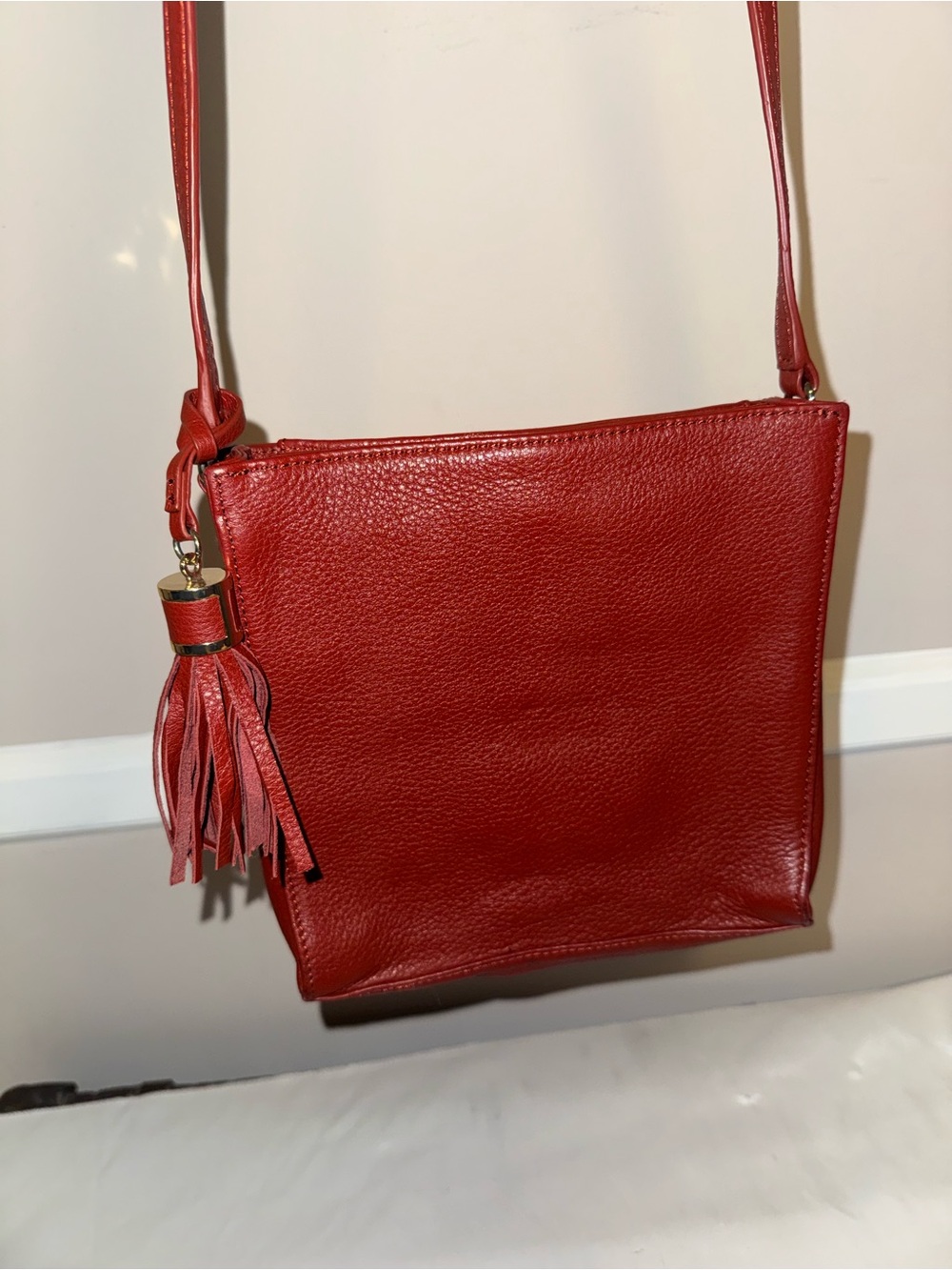 Talbots Vintage Red Leather Crossbody Bag with Tassel